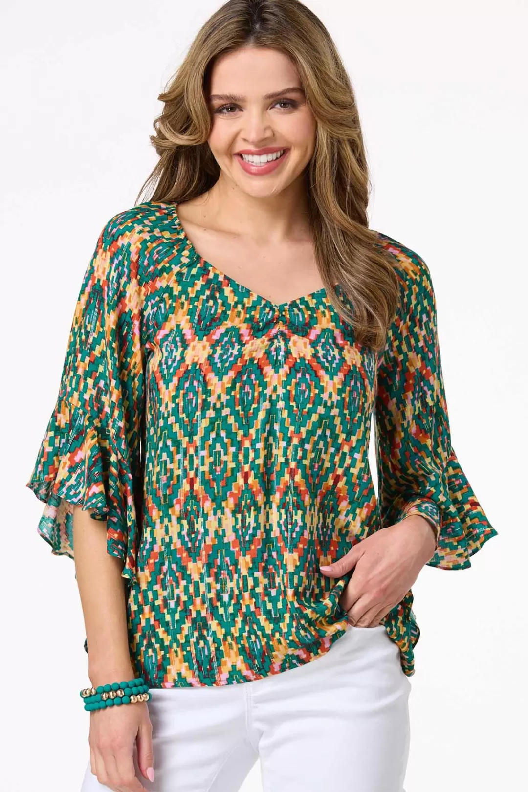 Cato Tops | Ruffled Shimmer Print Top