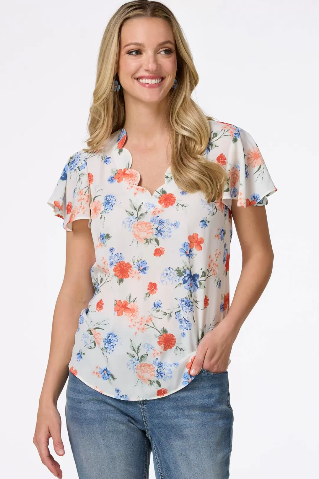 Cato Tops | Scalloped Floral Top