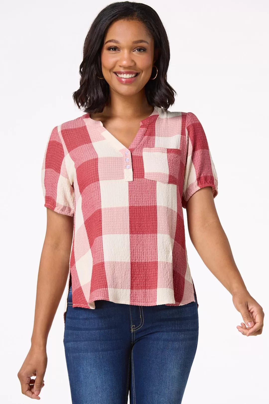 Cato Tops | Scarlett Check Waffle Top