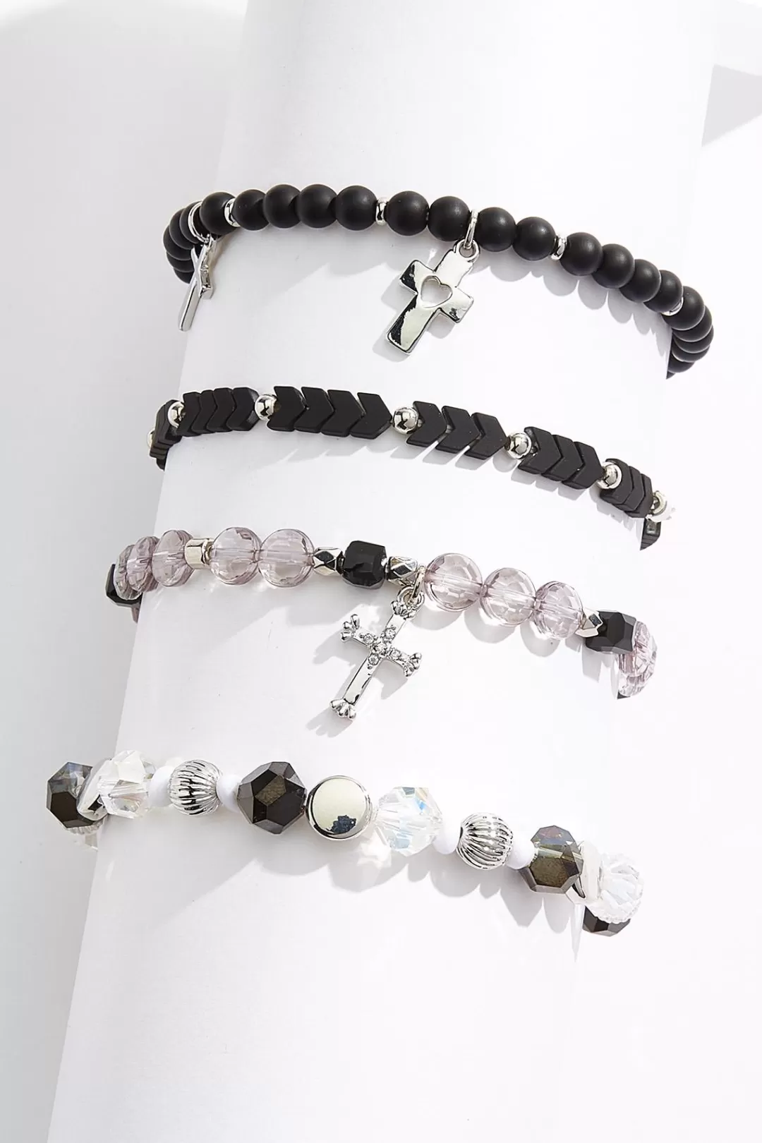 Cato Inspirational | Bracelets | Silver Cross Black Stretch Bracelet Set