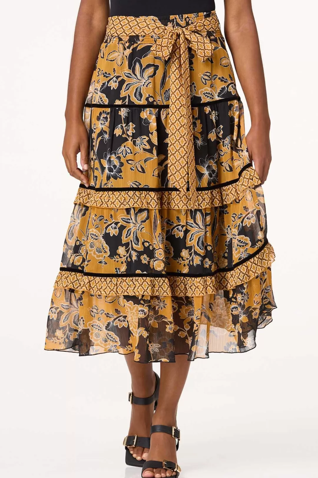 Cato Skirts | Smocked Gold Floral Skirt