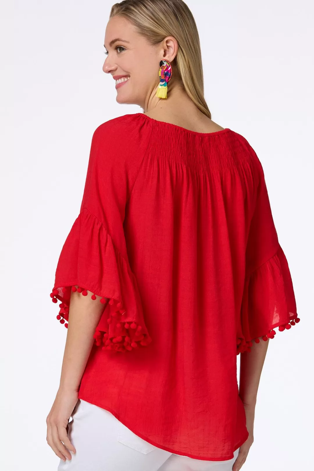 Cato Tops | Smocked Pom Sleeve Poet Top