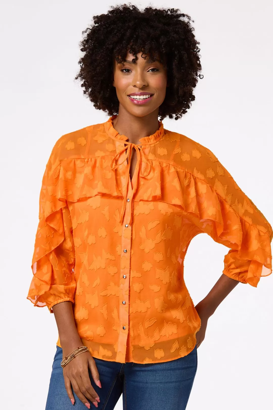 Cato Tops | Sunny Ruffled Clip- Dot Shirt