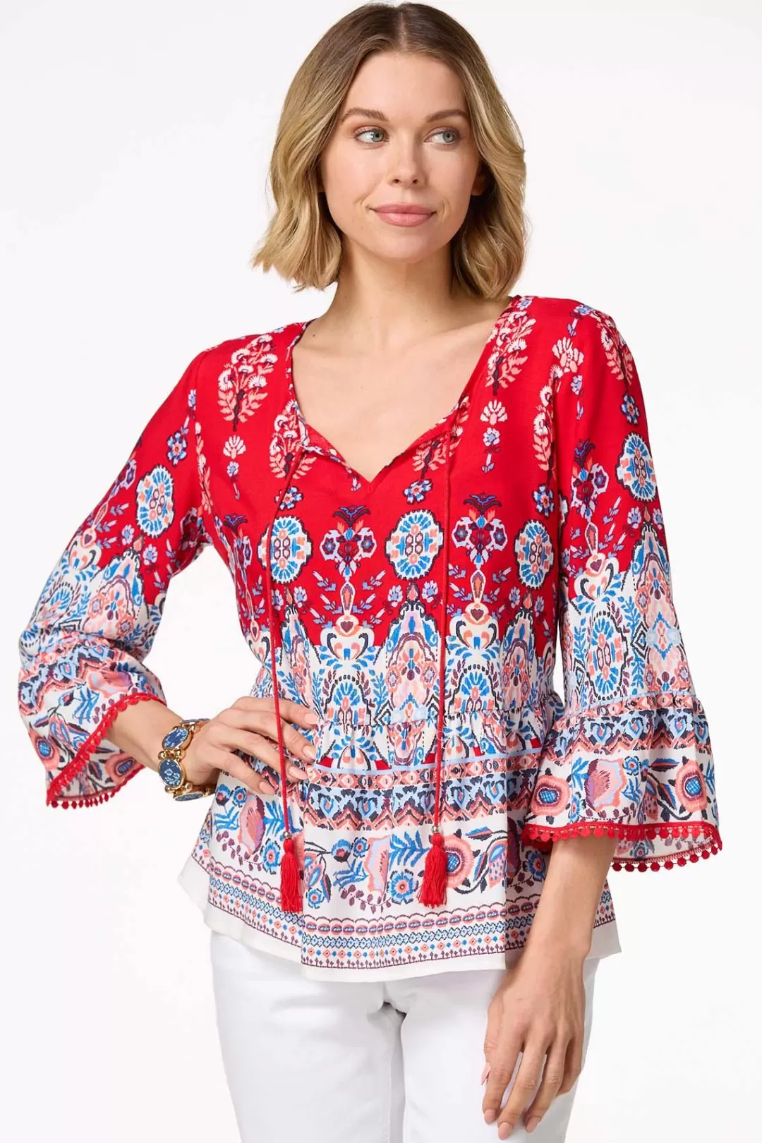 Cato Tops | Tasseled Border Print Top