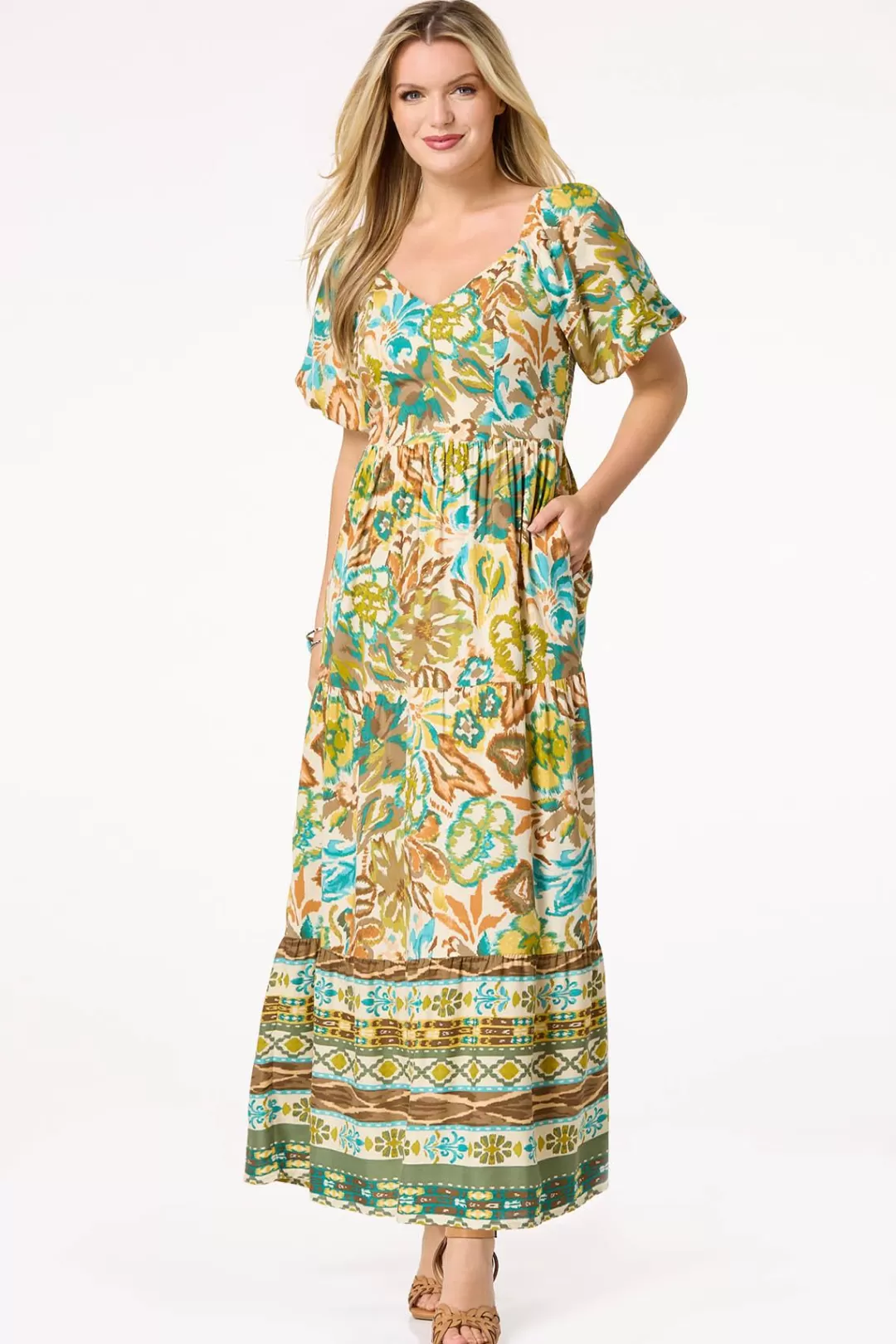 Cato Dresses | Tiered Bubble Sleeve Maxi Dress