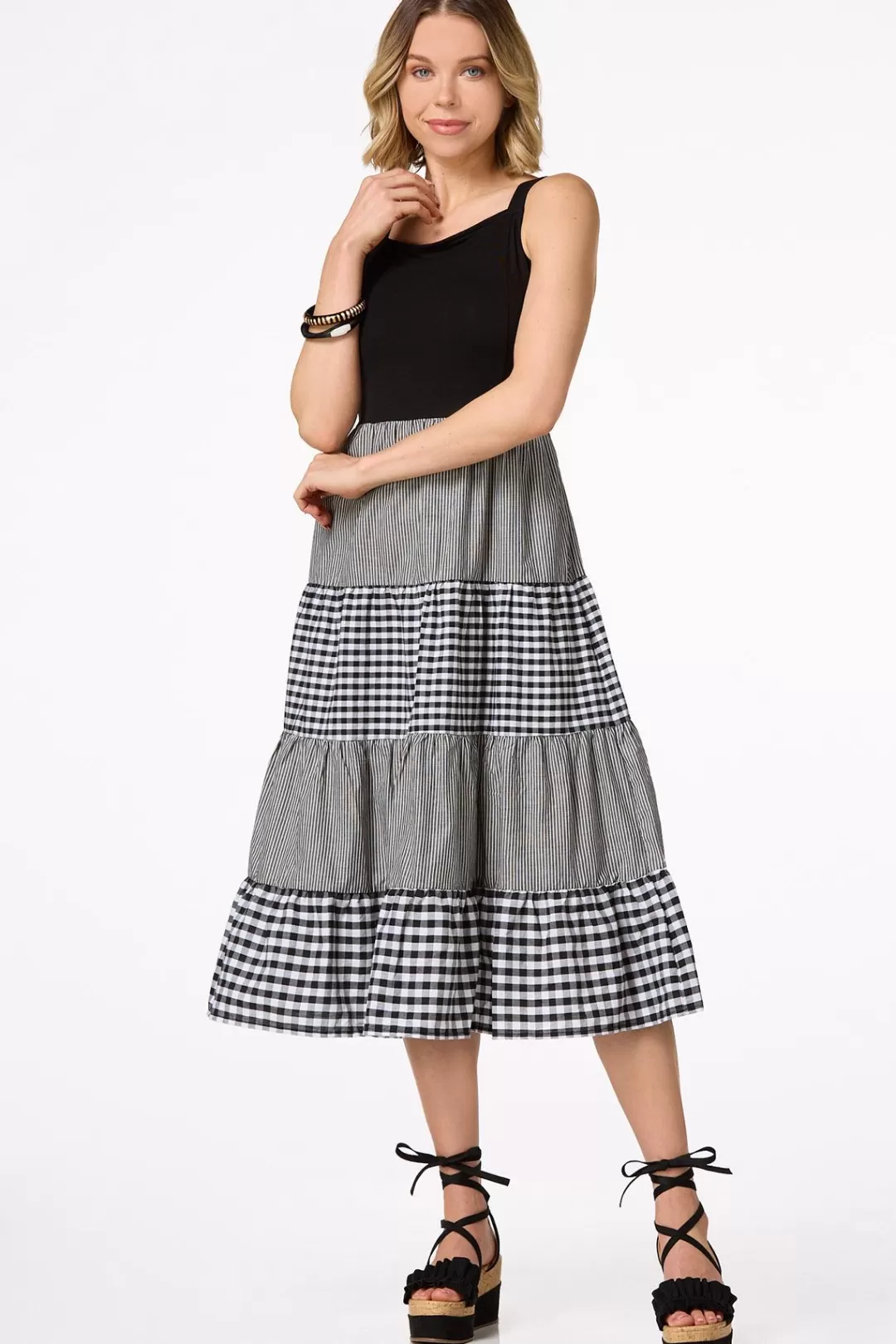 Cato Dresses | Tiered Gingham Stripe Dress