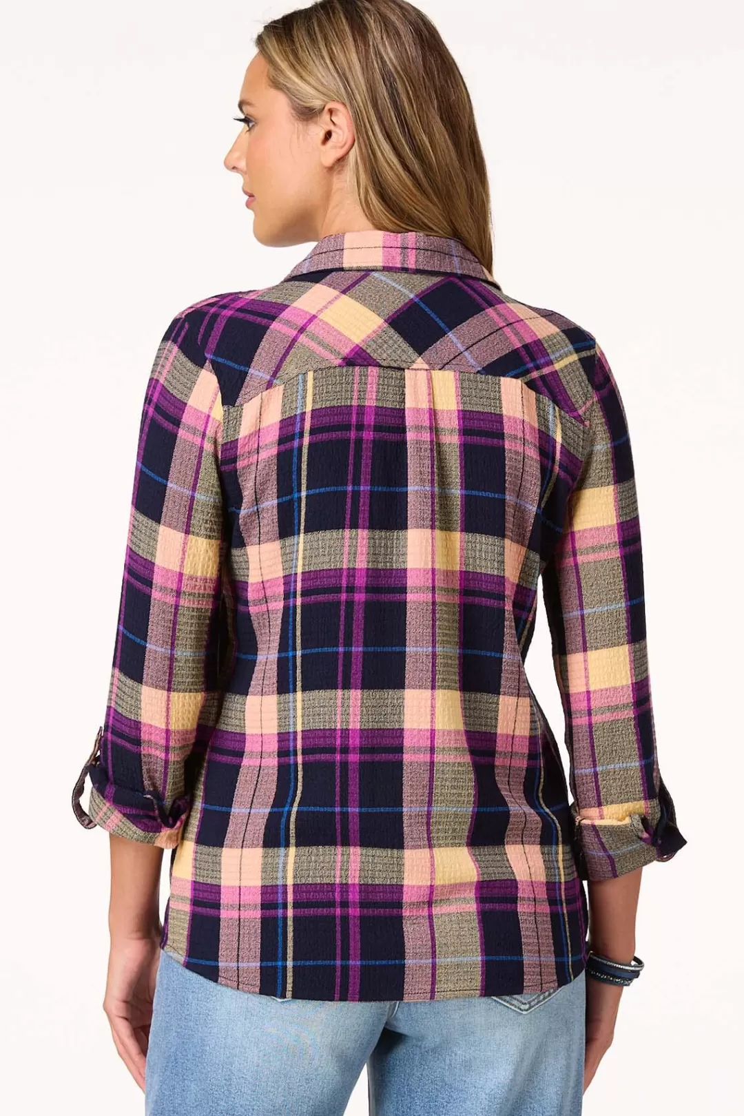 Cato Tops | Waffled Berry Plaid Shirt