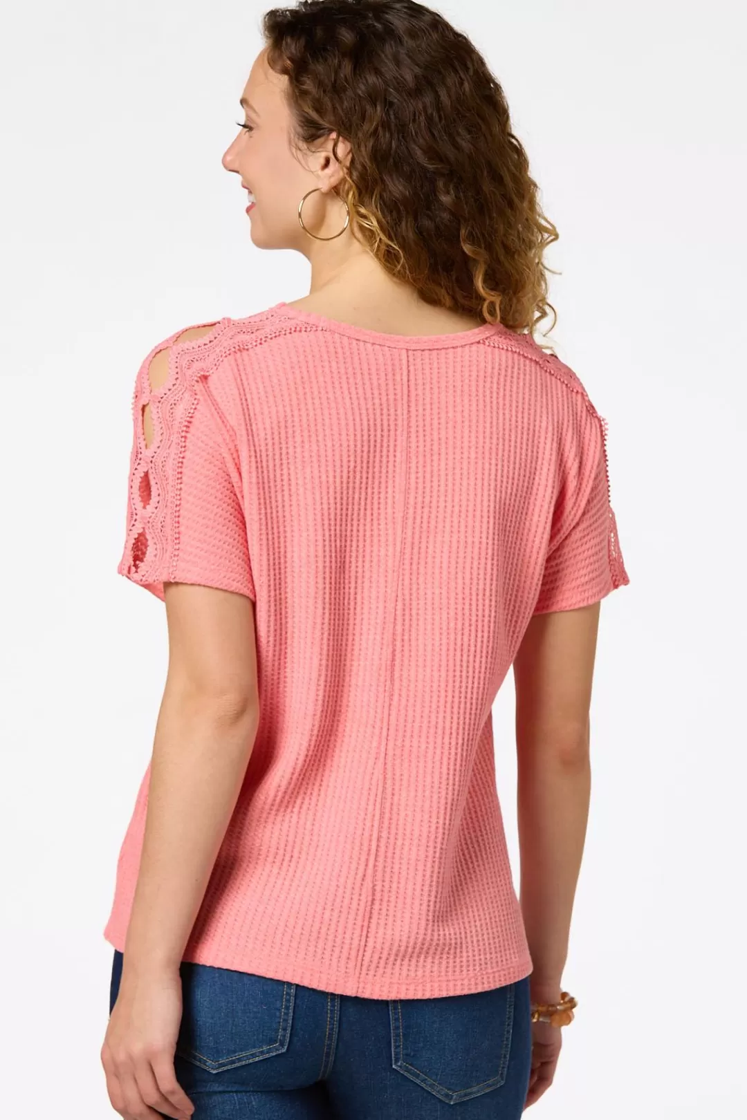 Cato Tops | Waffled Lace Trim Top