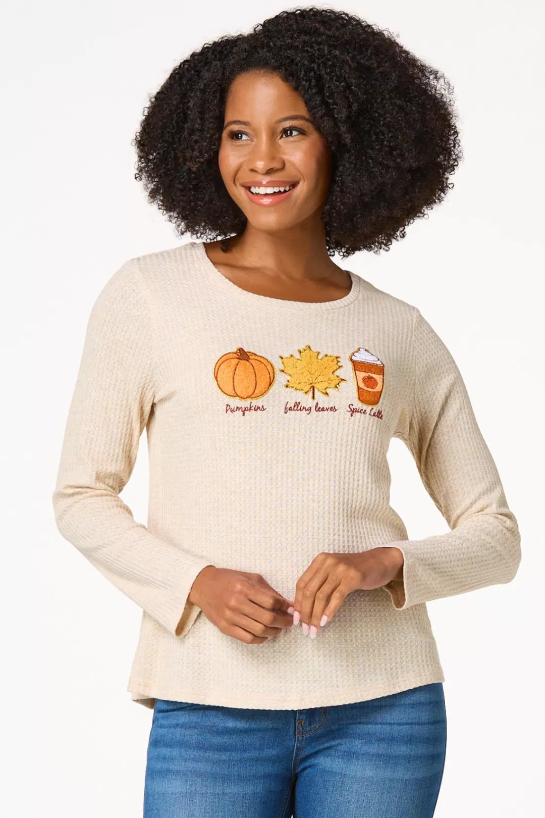 Cato Tops | Waffled Pumpkin Leaves Latte Top