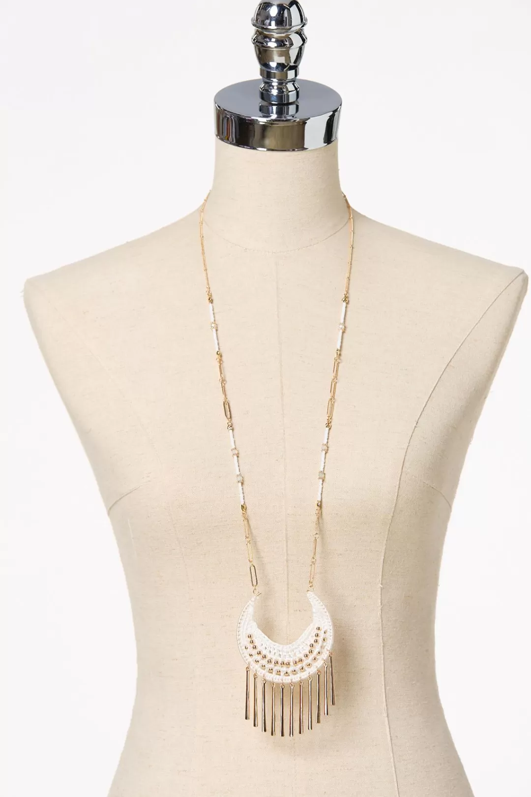 Cato Necklaces | White Thread Metal Tassel Long Necklace