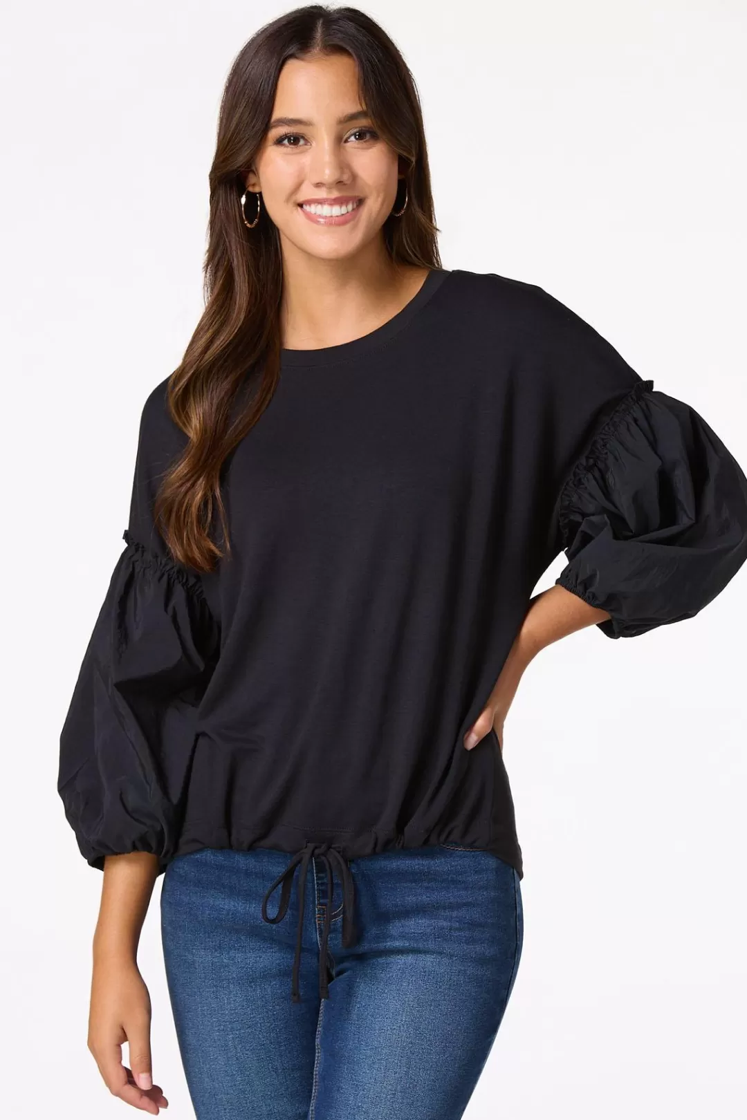 Cato Tops | Woven Sleeve French Terry Top