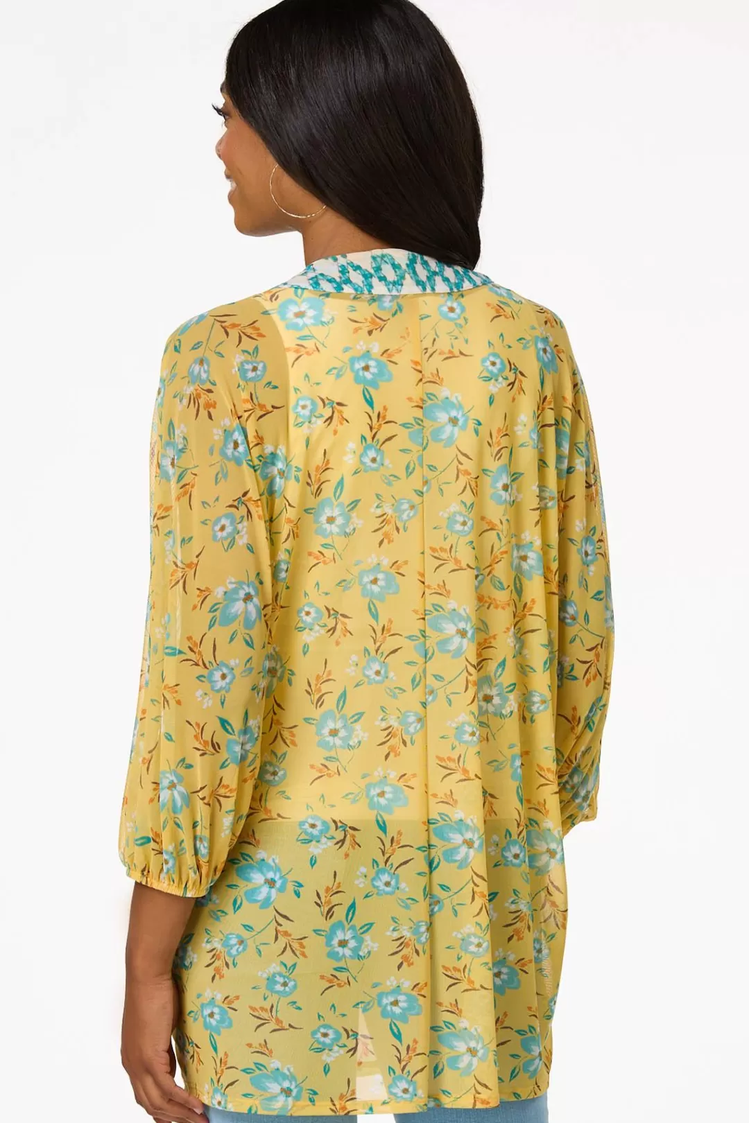 Cato Tops | Yellow Floral Mesh Kimono