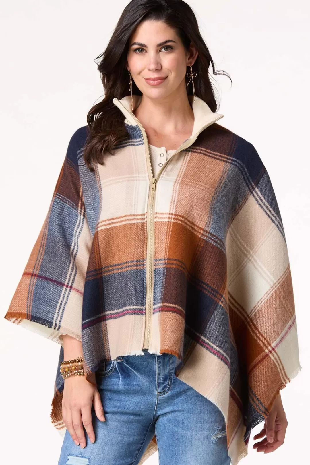 Cato Cold Weather | Zip Front Collared Plaid Poncho